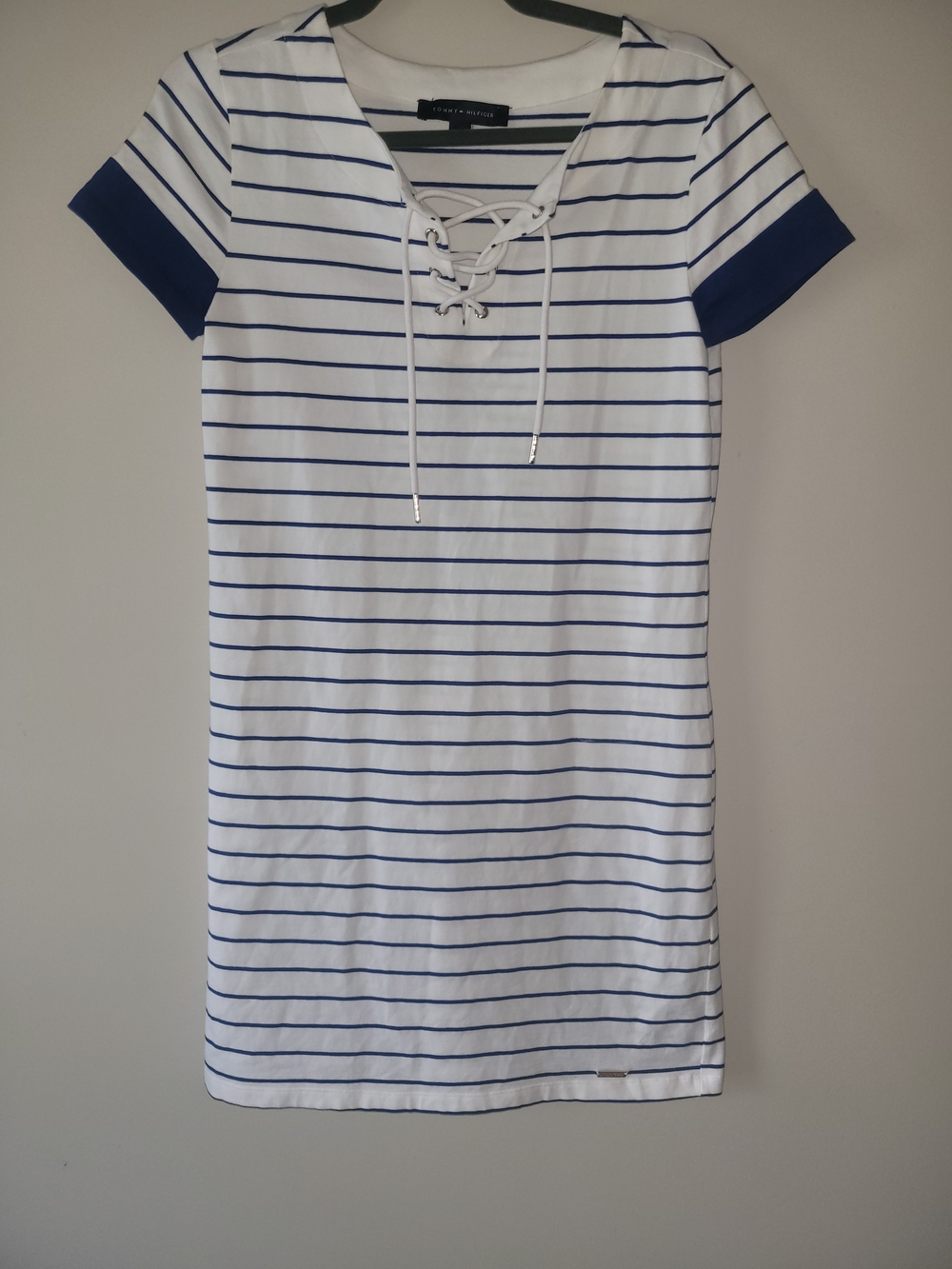 Tommy Hilfiger White and Navy Striped Lace-Up Shift Dress